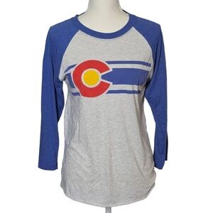 Gray/Blue Unisex Raglan Shirt Colorado Flag Print 34 Sleeves Crew Neck‎ Size Sm.